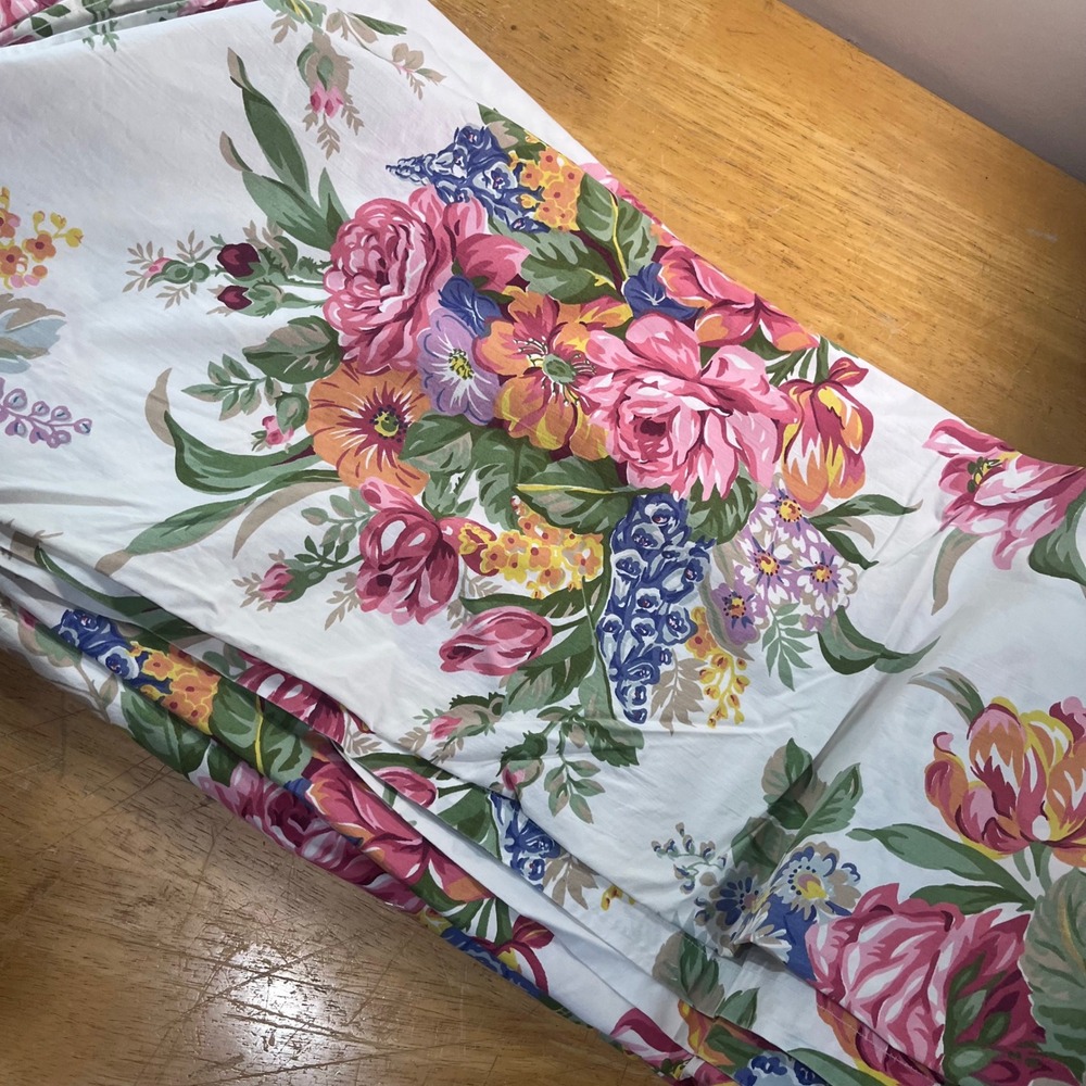 Vtg Ralph Lauren Melissa Queen Flat Sheet Floral Cotton Pink Roses Made in USA - Picture 6 of 6